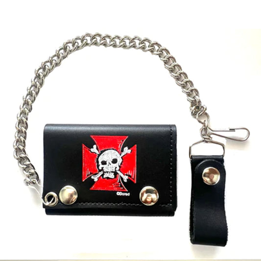 Red Cross Skull X Bones Trifold Leather Wallets with Chain (Sold By Piece)