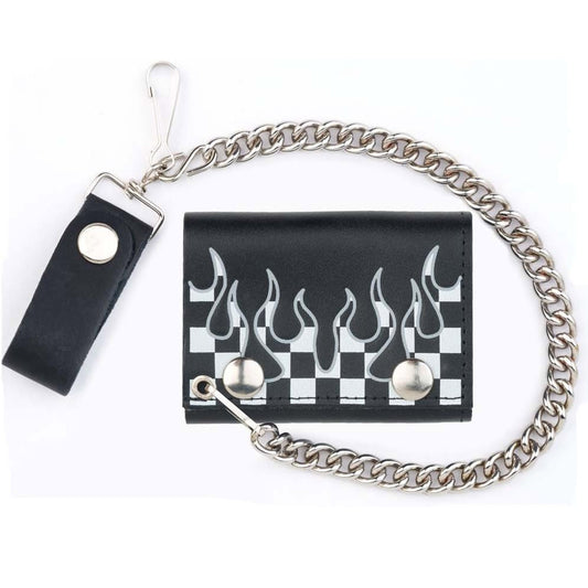 Checkered Flag With Flames Men's Biker Leather Tri-fold Wallet with Chain