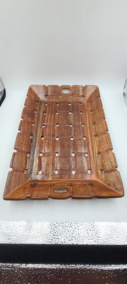 Hand-Carved Shesham Wood Decorative Tray - Exquisite Craftsmanship for Stylish Home Decor