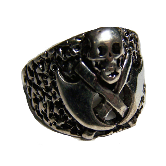 Wholesale Skull With Crossed Axes Metal Biker Ring - Assorted Sizes