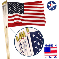 WholesaleAmerican Flag Proudly Made in U.S.A. Handheld US Stick Flags   User "12x18" Inch with Spear Gold Tip (Sold by the dozen)