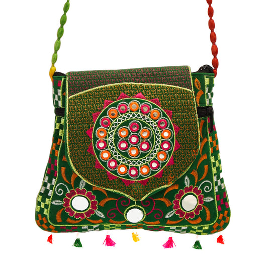 Boho Style Mirror Work Bag Crafted With Colorful Tassel & Beaded Strap