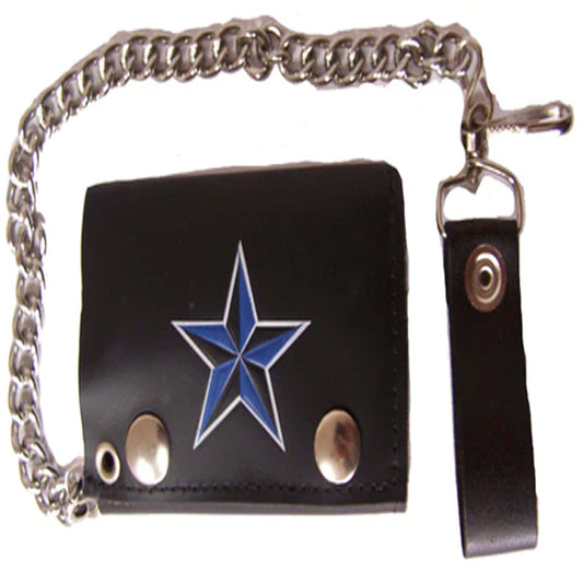 Wholesale BLUE NAUTICAL STAR TRIFOLD LEATHER WALLETS WITH CHAIN (Sold by the piece)