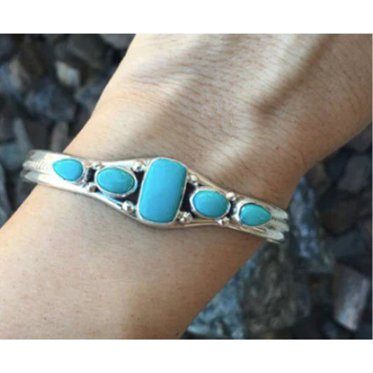 New Square Turquoise Color Stone Silver Cuff Bracelet - Elegant Bohemian Jewelry (Sold By Piece)
