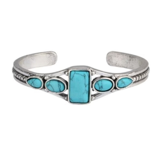 New Square Turquoise Color Stone Silver Cuff Bracelet - Elegant Bohemian Jewelry (Sold By Piece)