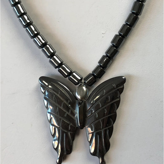 Wholesale New Design Butterfly Shape Carved Black Hematite Stone Necklace with Pendant (Sold By Piece)