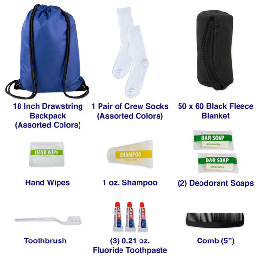 Wholesale  Deluxe Hygiene Kit with Drawstring Bag, Socks, Blanket - 10 PCS Set