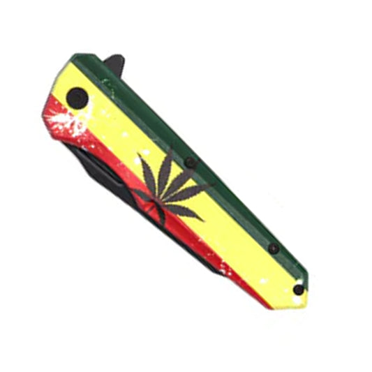 Wholesale Rasta Marijuana Leaf Stainless Folding Pocket Knife (Sold By Piece)