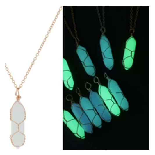 Glow in the Dark Bullet Wire Wrapped Pendant Necklace Gold 18" Chain Necklaces  (Sold By Dozen)