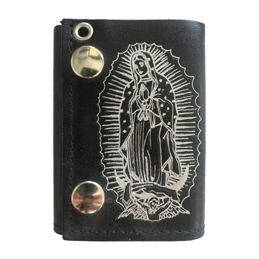 Wholesale Silver Print Guadalupe Mary Trifold Leather Wallets with Chain  Stylish With Accessory (Sold By Piece)