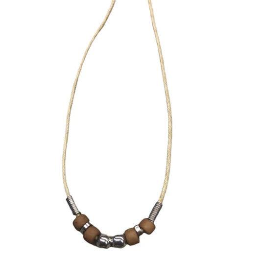 Wholesale Beauiful Design Beige Wax Cord Necklace 18-Inch with Silver Beads (Sold By Dozen)