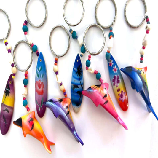 Wholesale Colorful Painted Wooden Dolphin and Surfboard Keychains Assorted Designs & Real Shells (Sold by the piece or dozen)