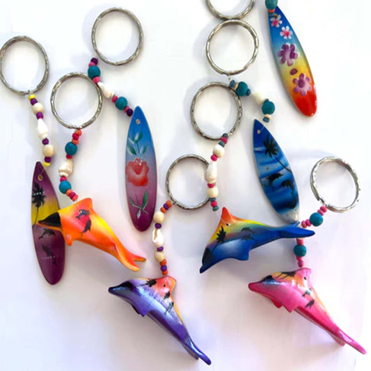 Wholesale Colorful Painted Wooden Dolphin and Surfboard Keychains Assorted Designs & Real Shells (Sold by the piece or dozen)