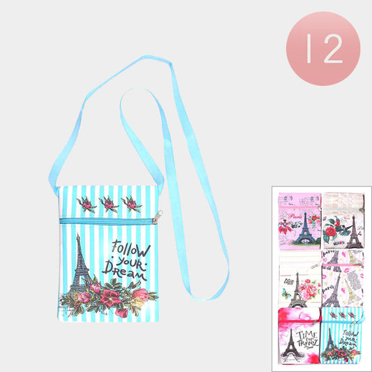 Eiffel Tower Flower Printed Crossbody Bags (Sold By Dozen=$23.88)
