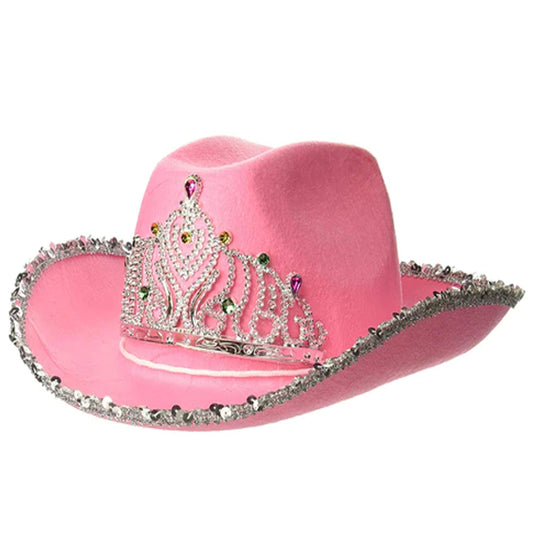 Wholesale Pink Velvet Sequin Cowgirl Princess Hat with Tiara (Sold By Piece)