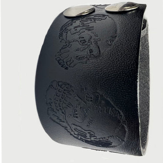 Wholesale New Thick Engraved Skull Black Leather Cuff Bracelet - Bold & Edgy Style (Sold By Piece)