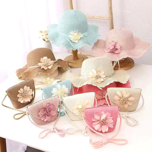 Wholesale Little Girls Matching Floral Straw Hats & Shoulder Bag Set MOQ -12 pcs