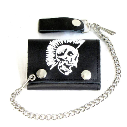 Wholesale New Punk Skull with Mohawk Trifold Leather Wallet with Chain (Sold By Piece)