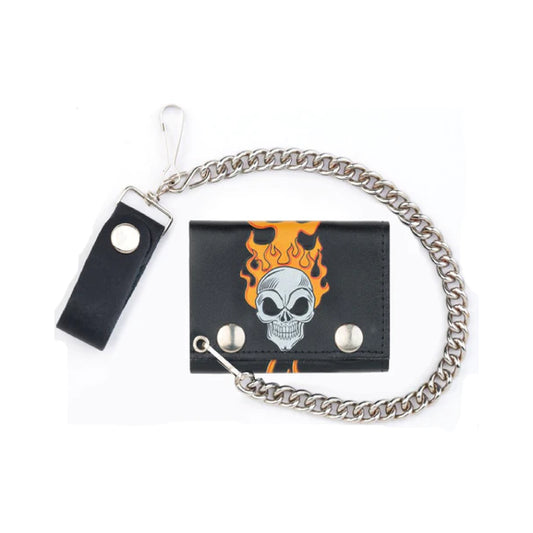 Wholesale Unisex Skull Head & Flame Design Trifold Leather Wallets (MOQ-6)