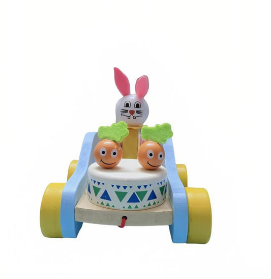 Wooden Cute Bunny Drumming Car Kids Toys Musical Pull Along Toy, No Batteries Required
