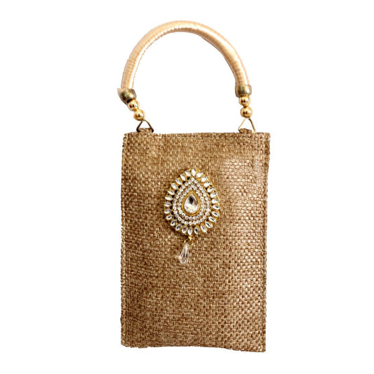 New Beautiful Rectangular Jute Clutch Bag With Stone Work For Ladies