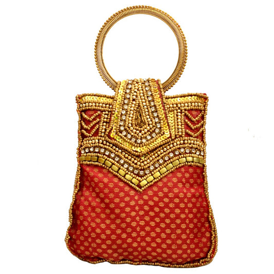 New Beautiful Design Red Pouch Bag With Golden Design For Ladies