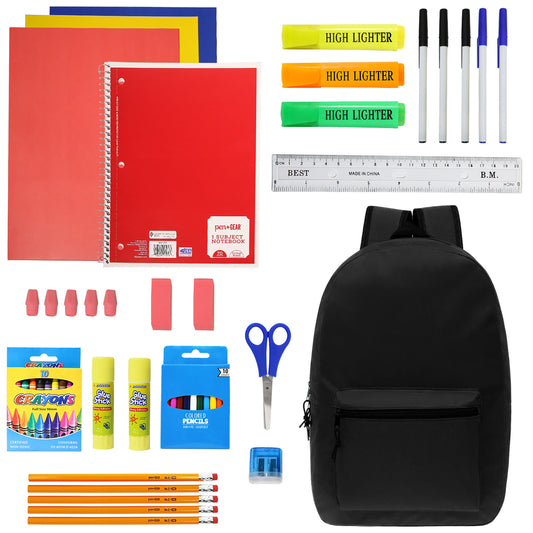 Buy 50 Piece Wholesale Basic School Supply Kit With 17" Backpack All Black - Bulk Case of 12 Backpacks and Kits