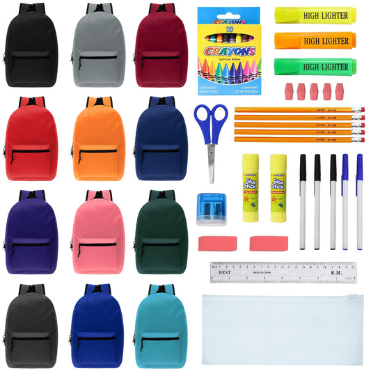 Buy 17 Inch Bulk Backpacks in 12 Assorted Colors with 36 Piece School Supply Kits - Case of 24 backpacks, 24 kits