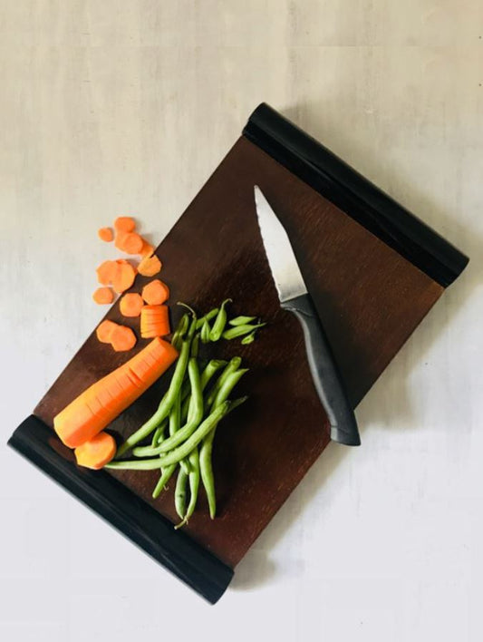 Reversible Wooden Rectangle Handcrafted Tray cum Chopping Board With Black Handles
