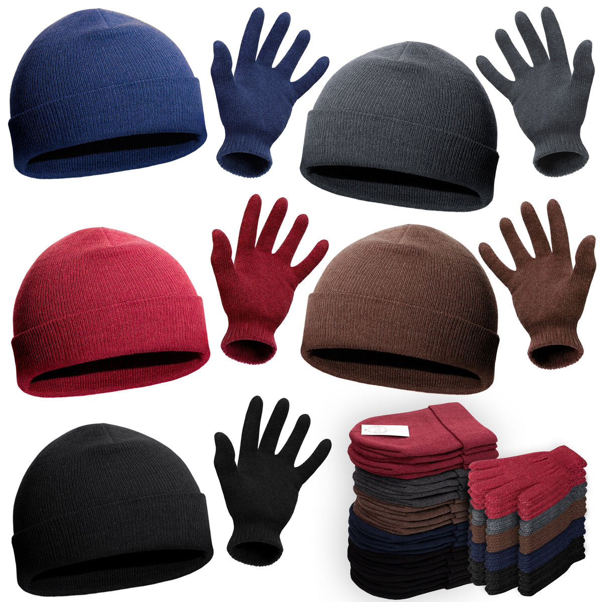 Buy 24 Set Wholesale Beanie and Glove Bundle in 5 Assorted Colors - Bulk Case of 24 Beanies, 24 Pairs of Gloves