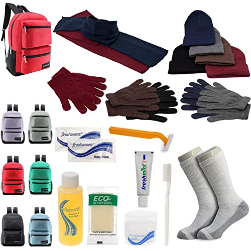 Buy Bulk Case of 12 Backpacks and 12 Winter Item Sets and 12 Toiletry Kits and 12 Socks - Wholesale Care Package - Emergencies, Homeless, Charity