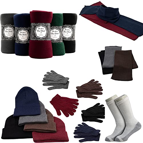 Buy Homeless Care Package Supplies - Bulk Case of 12 Winter Throw Blankets, 12 Winter Sets, and 12 Pairs of Socks