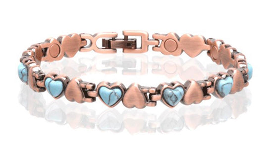 Wholesale SOLID COPPER MAGNETIC TURQUOISE HEART LINK BRACELET style #TQ-H  (sold by the piece )