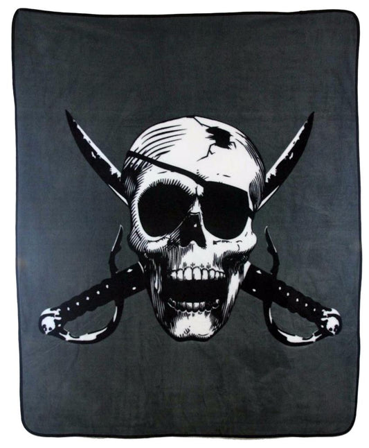 Wholesale PIRATE SKULL CUTLASS W EYE PATCH & CROSSED SWORDS LARGE 50X60 IN PLUSH THROW BLANKET ( sold by the piece )