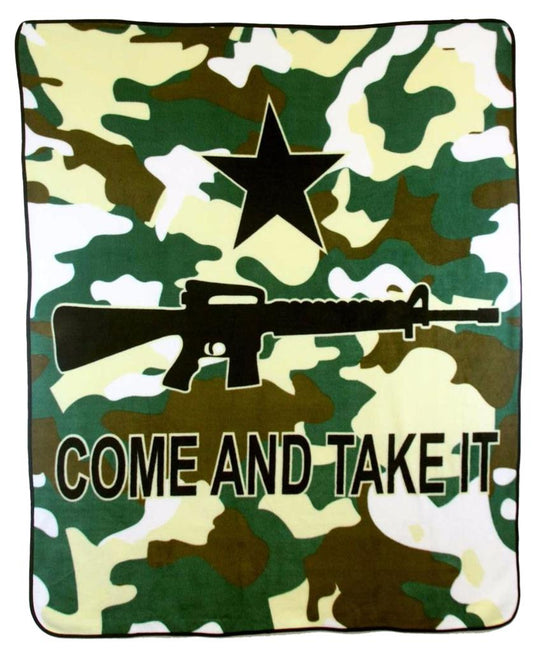 Wholesale CAMOUFLAGE COME AND TAKE IT RIFLE GUN LARGE 50X60 IN PLUSH THROW BLANKET ( sold by the piece )
