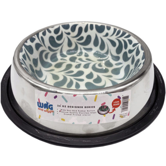 Wag and Wiggle 24oz Stainless Steel Pet Bowl with Rubber Liner and Assorted Enamel Print Interior nbsp;