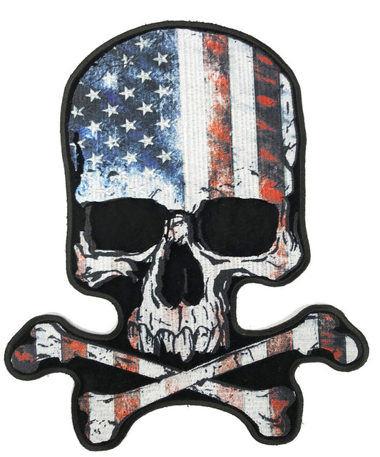 Wholesale JUMBO SKULL VINTAGE AMERICAN FLAG  EMBROIDERED PATCH 9 INCH (Sold by the piece)
