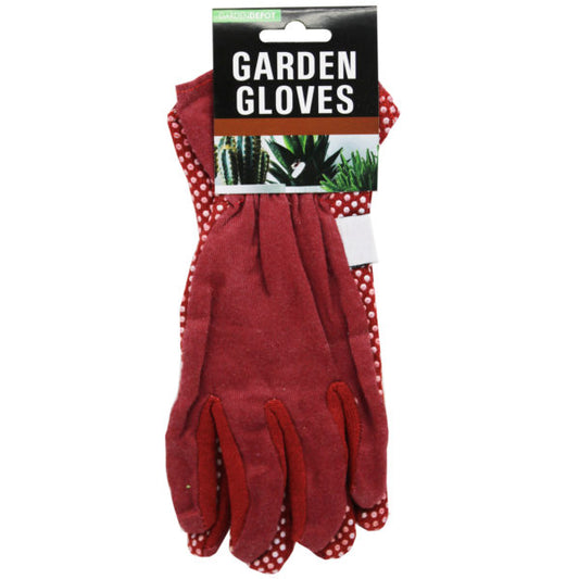 red and green adult garden gloves with safety grip dots
