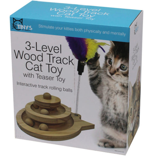 three-level wood track cat toy with teaser toy