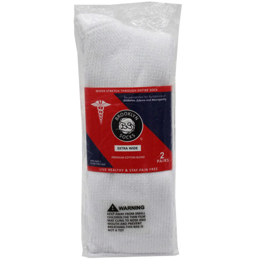 Brooklyn Socks 2 Pack White Extra Wide Premium Cotton Blend Long Diabetic Socks