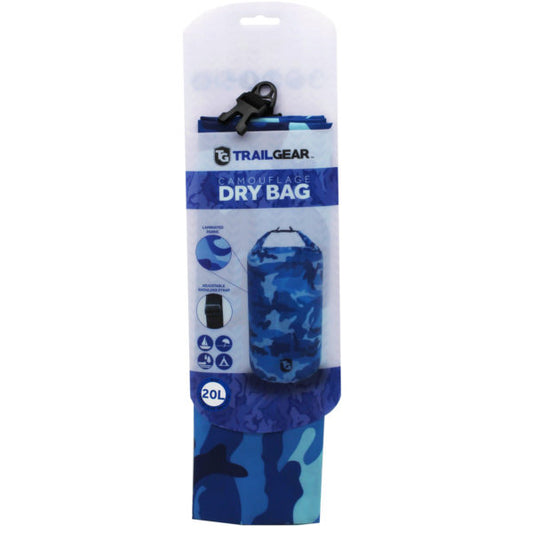 trail gear 20l blue camoflage dry bag with adjustable should