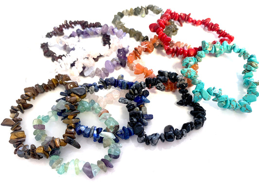 Wholesale ROUGH CHIP ASSORTED REAL STONE STRETCH BRACELETS (sold by the piece or dozen)