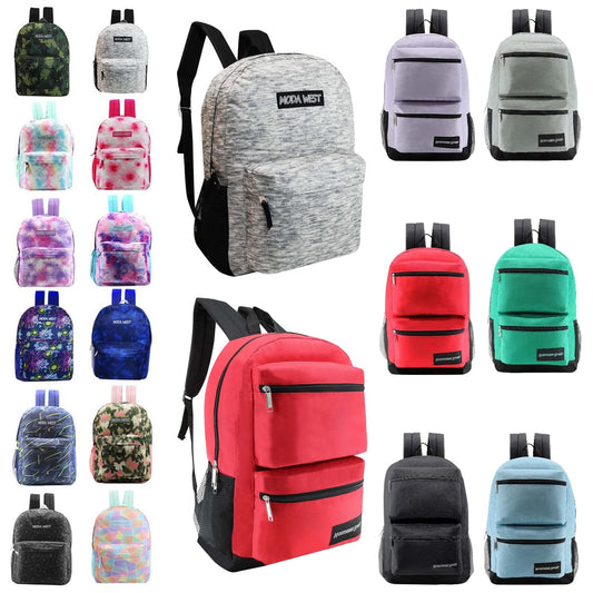 Buy 24 Pack of 17" Premium and Classic Style Wholesale Backpack in Assorted Colors and Prints - Bulk Case of 24