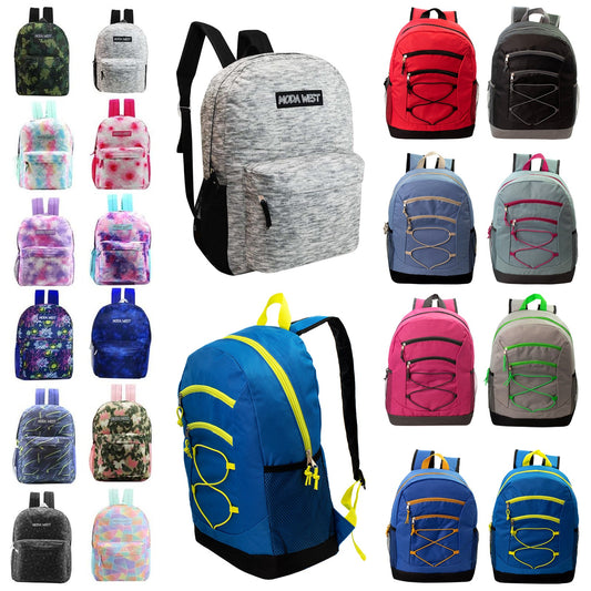 Buy 24 Pack of 17" Bungee Deluxe and Classic Design Wholesale Backpack in Assorted Colors and Prints  - Bulk Case of 24