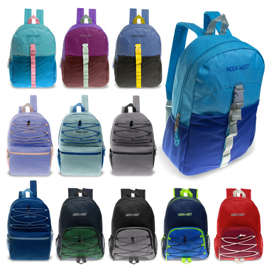 Buy 24 Pack of 17" Bungee Wholesale Backpack in Assorted Colors and Styles - Bulk Case of 24