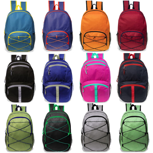 Buy 17" Bungee Wholesale Backpack in Assorted Colors and Styles - Bulk Case of 24