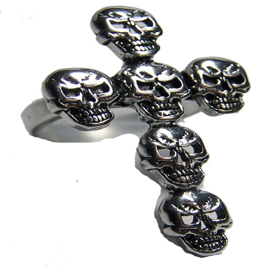 Wholesale Large Cross Skull Heads Biker Ring - High-Quality Sterling Silver Plated (Sold by the piece)