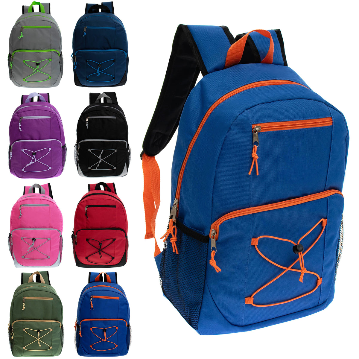 Buy 17" Bungee Wholesale Backpack in 8Assorted Colors - Bulk Case of 24