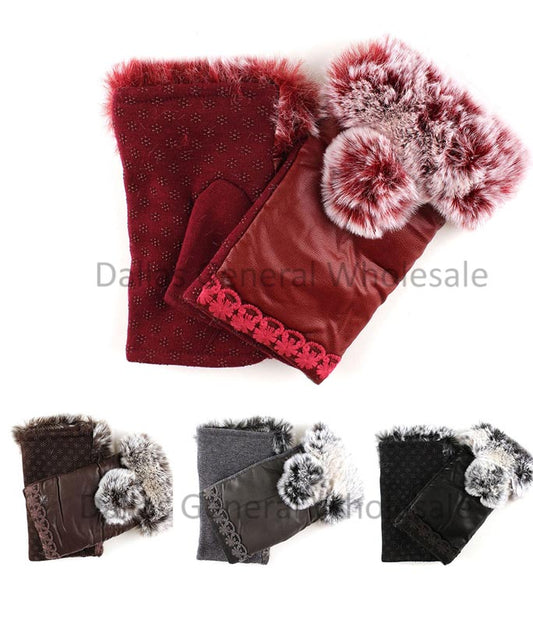 Bulk Buy Girls Leather Fur Half Mitten Gloves Wholesale