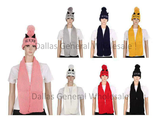 Bulk Buy Ladies Fleece Meow Beanie Hat w/ Scarf Set Wholesale